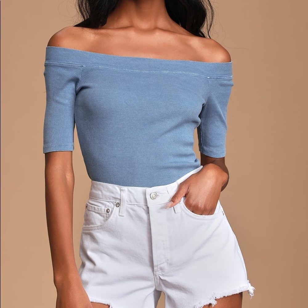 Washed Denim Blue Ribbed Off Shoulder Top - Picture 2 of 5